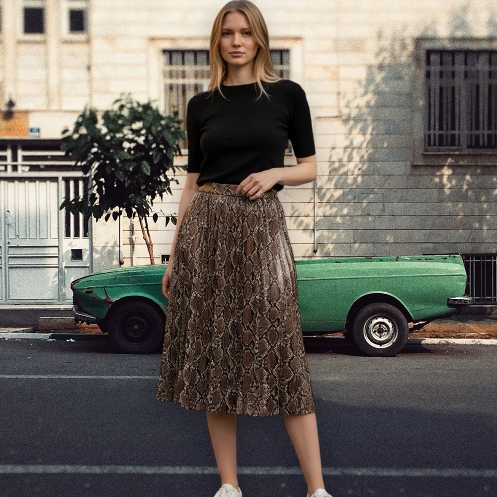 Zara Brown Snake-Print Pleated Midi Skirt - Picture 8 of 17